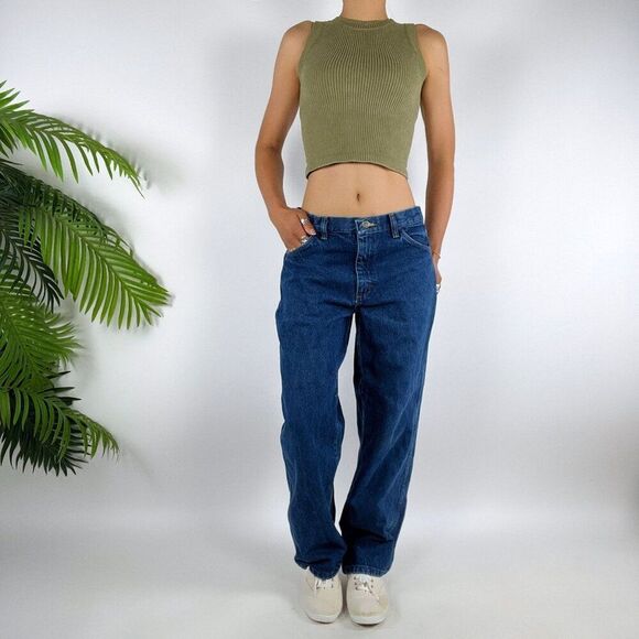 Vintage 90s Grunge Old Navy Skater Low Rise Dark Wash Denim Wide Leg Jeans / 14 - Picture 1 of 7